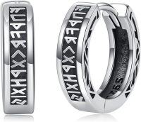 wholesale 925 Sterling Silver Norse Runes Black Huggie Hoop Earrings for Men & Women-B-Viking Silver
