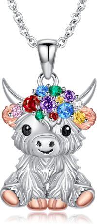 wholesale  Sterling Silver Birthstone Highland Cow Panda Fox Frog Koala Guinea Pig Elephant Necklace Gift -Highland Cow