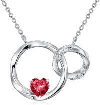 wholesale Sterling Silver Heart Birthstone Interlocking Double Circle Sister Necklace-Purplish Red