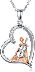 wholesale 925 Sterling Silver Heart-Shaped Cello Pendant Necklace with Cubic Zirconia for Women and Girls-0-0