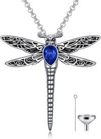 wholesale Sterling Silver Stone Dragonfly Urn Necklace for Ashes w Filling Tool-Crystal-Simulated Sapphire