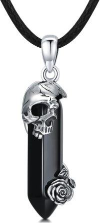 wholesale 925 Sterling Silver & Rose Gothic Skull Necklace - Death & Romance Theme, Adjustable Leather Rope, Ideal Gift for Women, Halloween Jewelry-A-Black Quartz Crystal
