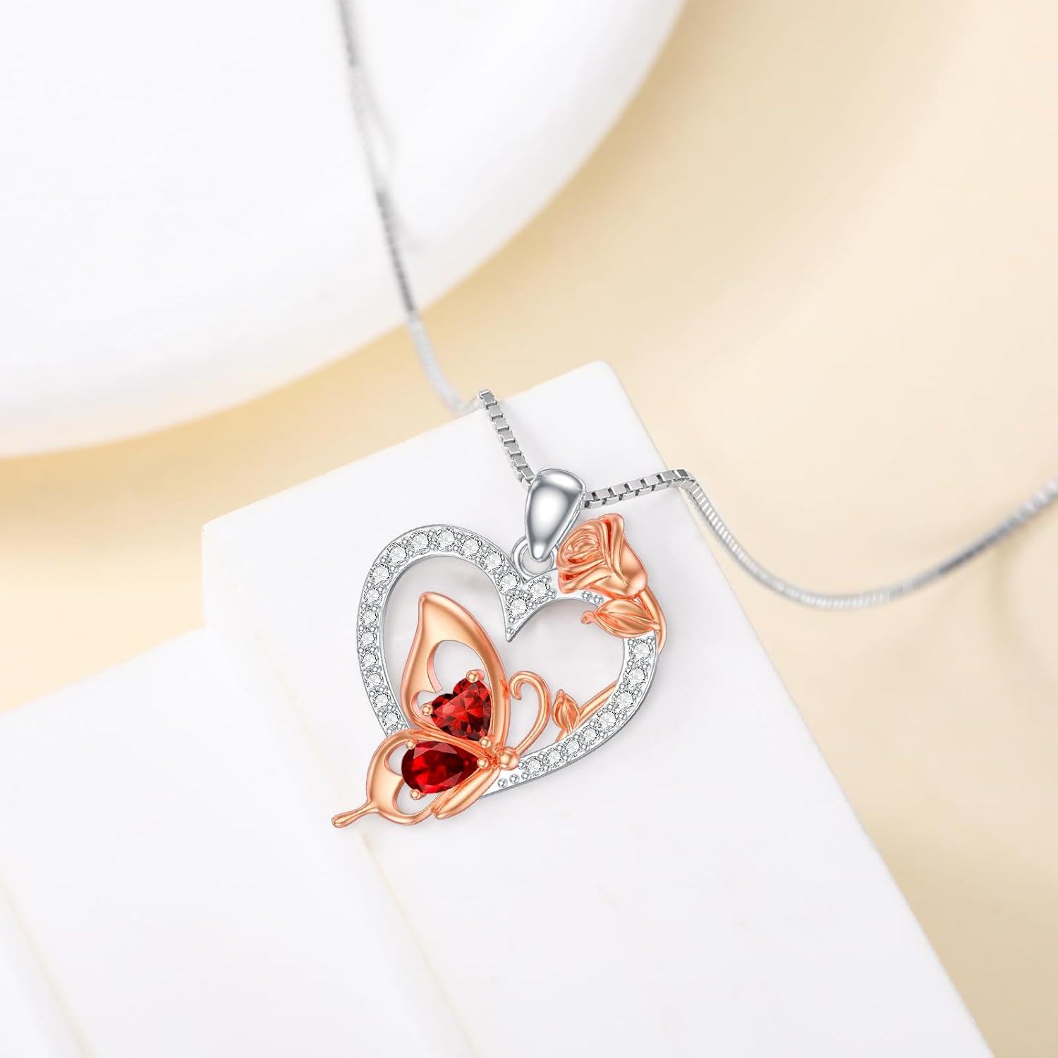  Sterling Silver Zircon Butterfly Heart Necklace for Women Birthday Gift -0-3