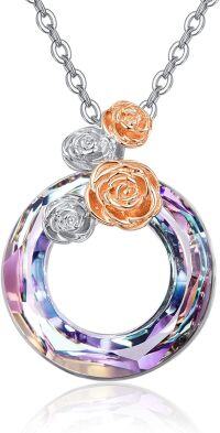 wholesale 925 Sterling Silver Round Crystal Pendant with 3D Rose and Daisy Necklaces-Rose