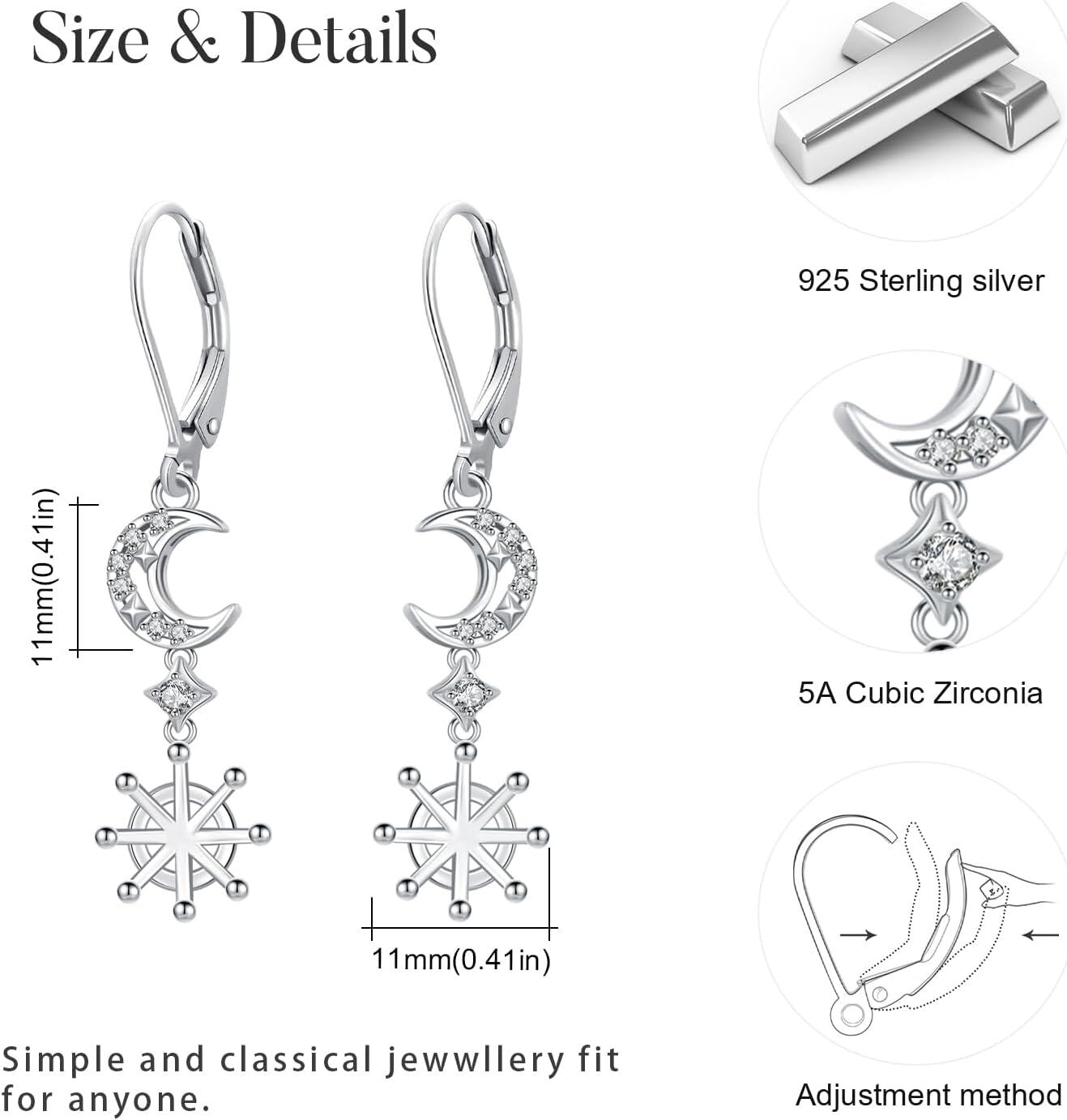 925 Sterling Silver Snowflake Moon Star Leverback Earrings for Sensitive Skin-0-5