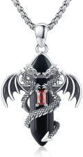 wholesale 925 Sterling Silver Gothic Red Garnet Onyx Double Headed Dragon Pendant Necklace for Men Women Gifts-0-0