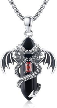wholesale 925 Sterling Silver Gothic Red Garnet Onyx Double Headed Dragon Pendant Necklace for Men Women Gifts-Black Dragon
