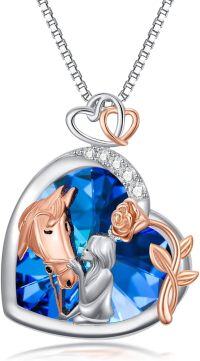 wholesale 925 Sterling Silver Blue Crystal Heart Girl & Horse Pendant Necklace-Horse