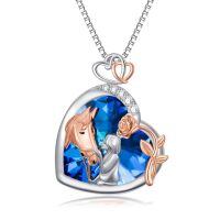 wholesale 925 Sterling Silver Horse Girl Heart Pendant Necklace Blue Crystal Rose Gold Plated-Horse