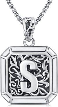 wholesale Sterling Silver Square Initial Letter Necklace Unisex Retro Pendant Jewelry Gift-Initial S