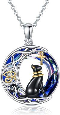 wholesale 925 Sterling Silver Egyptian Cat Pendant with Blue Crystal and Gold Accents - Eye of Horus & Ankh Design Necklace for Women Girls Gifts-Bastet Cat with Crystal