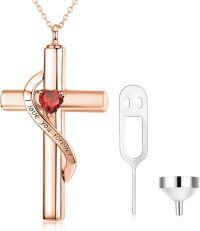 wholesale Rose Gold Plated 925 Sterling Silver with Birthstone Cross Urn Necklace for Ashes – Cremation Jewelry with 10K Chain, Keepsake Memorial Gift-G-Rose Gold July
