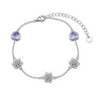 wholesale 925 Sterling Silver Heart & Rose Stone Adjustable Bracelet Gift for Women Girls-06-Flower