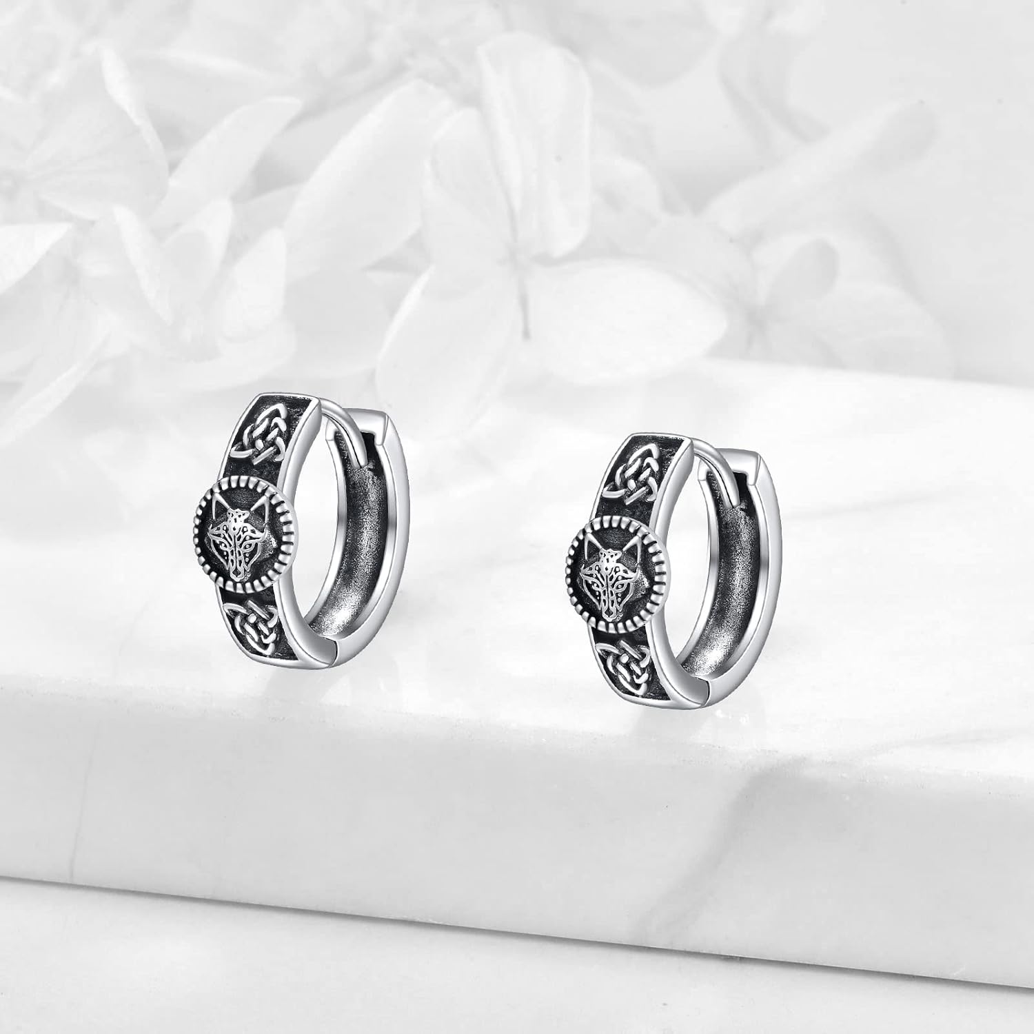 wholesale 925 Sterling Silver Norse Wolf Head Huggie Hoop Earrings with Celtic Knots and Runes-0-2