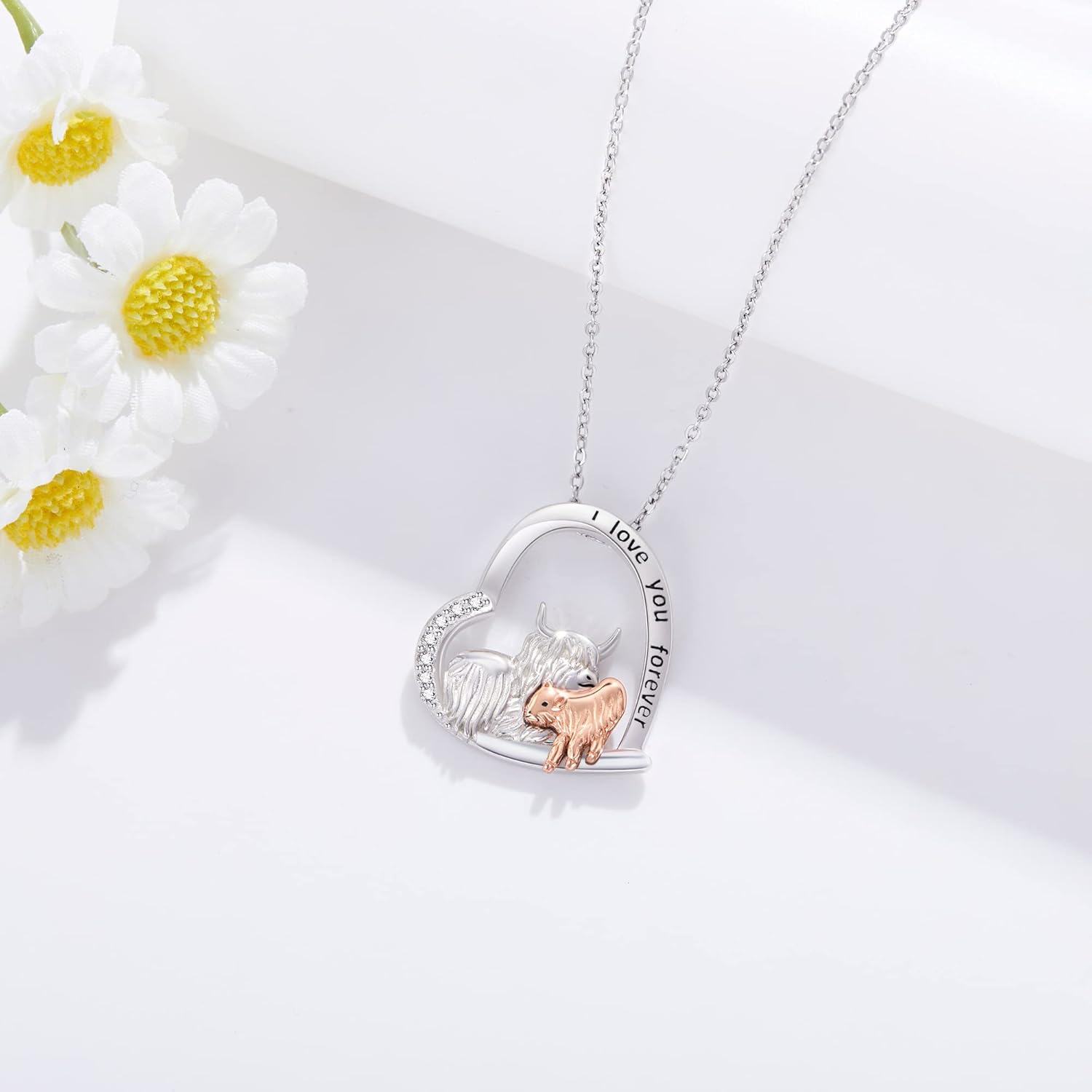 Sterling Silver Stone Highland Cow Necklace Mother Daughter Pendant-0-4