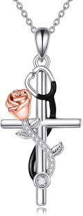 wholesale 925 Sterling Silver Cross Pendant with Rose and Cubic Zirconia Necklace for Nurses Gifts-0-0