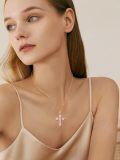 wholesale 925 Sterling Silver White Fire Opal Flower Cross Pendant Necklace for Women-0-3