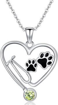 wholesale Sterling Silver Birthstone Vet Stethoscope Necklace Dog Paw Pendant Nurse Jewelry Gift for Women Veterinarians-Stethoscope 08-August Birthstone