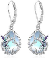 wholesale Sterling Silver Moonstone Dragonfly Butterfly Hummingbird Bee Bat Leverback Dangle Earrings-Hummingbird-Moonstone