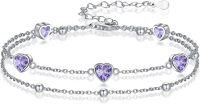 wholesale 925 Sterling Silver & 5A Cubic Zirconia June Birthstone Double Strand Heart Charm Bracelet for Women-Bracelet 7''-9''