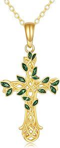 wholesale 14K Gold Green Enamel Celtic Knot Tree Of Life Cross Pendant Necklace For Women-0-0