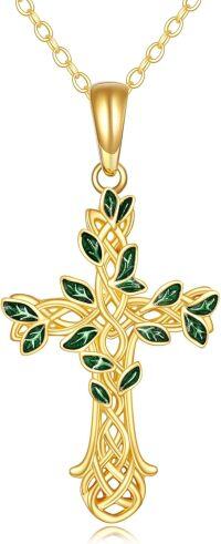 wholesale 14K Gold Green Enamel Celtic Knot Tree Of Life Cross Pendant Necklace For Women-tree of life cross