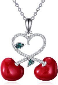 wholesale 925 Sterling Silver Red Enamel Cherry Heart Pendant Necklace for Women-Cherry
