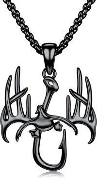 wholesale Sterling Silver Antler Men s Fish Hook Necklace w Duck Pendant chr-03-Black Fish Hook Necklace