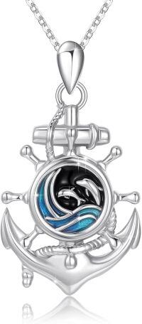 wholesale 925 Sterling Silver Dolphin Wheel and Anchor Pendant Necklace s for Women & Men-Dolphin Anchor Necklace
