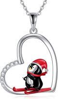 wholesale 925 Sterling Silver Penguin in Skiing Heart Pendant Necklace for Women Christmas Gifts-0-0