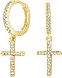wholesale Gold 925 Sterling Silver Cubic Zirconia Cross Huggie Hoop Earrings for Women Men Minimalist Fine  Set of 2 Pairs-04-CZ Cross Earrings(Gold Plated)