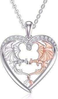 wholesale 925 Sterling Silver Metal Heart-Shaped Dragon Pendant Necklace with Cubic Zirconia Stones - For Men & Women-Two Dragon