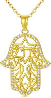 wholesale Gold 925 Sterling Silver Hamsa Necklace with Evil Eye and Star of David Pendant for Women-Chai-Gold