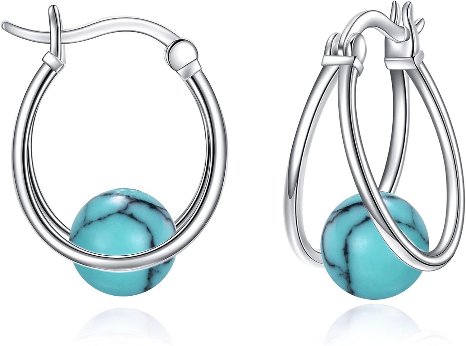 wholesale Sterling Silver Gemstone Earrings Pearl Moonstone Turquoise Onyx Jade Opal Lapis Lazuli-Turquoise Hoop Earrings