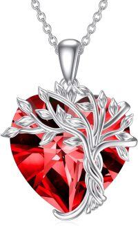 wholesale 925 Sterling Silver & 14K White Gold Plated Heart Garnet Tree of Life Necklace with Red Crystal-01-Red Crystal
