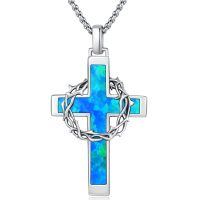 wholesale 925 Sterling Silver Labradorite Stone Cross & Crown Of Thorns Pendant Christian Jewelry For Men/Women-Cross Blue Opal