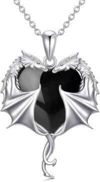 wholesale 925 Sterling Silver Heart-Shaped Double Dragon Pendant Necklace with Black Austrian Crystals for Women and Girls-Heart Dragon-Black Onyx