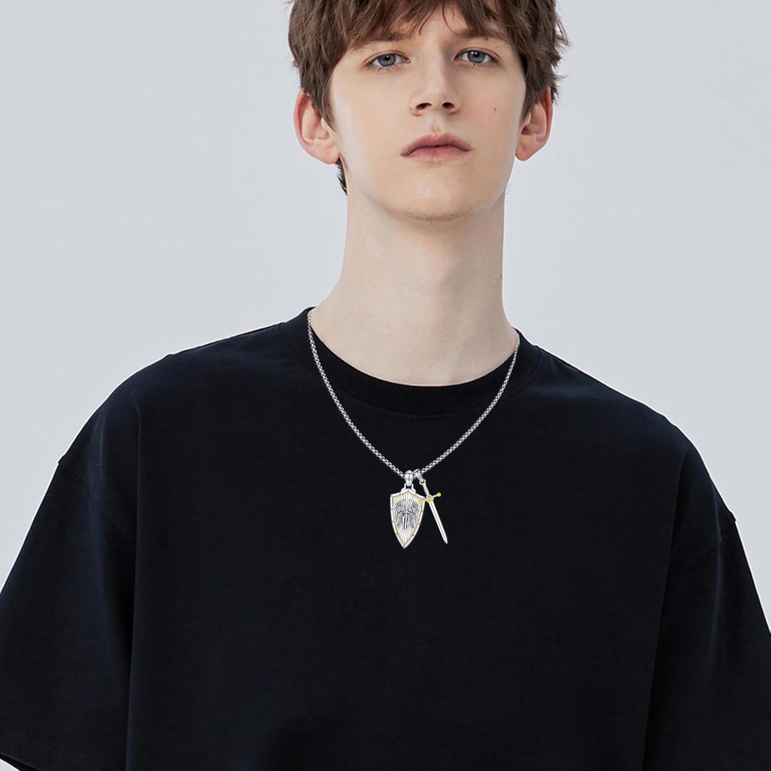 wholesale 925 Sterling Silver Metal Stone Saint Michael Christopher Judas Benedict Joseph Jude Sword Shield Pendant Necklace for Men Religious Talisman Amulet Gift-0-3