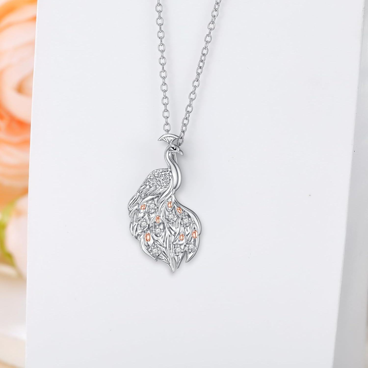 925 Sterling Silver Diamond & Rose Gold Plated Jade Peacock Pendant Necklace-0-2