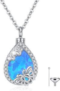 wholesale 925 Sterling Silver Teardrop Blue Fire Opal Urn Pendant Necklace with Funnel and Fill Tool - Keepsake Jewelry for Ashes-Blue