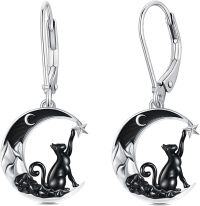 wholesale 925 Sterling Silver Black Cat Crescent Moon Leverback Drop Earrings-Cat