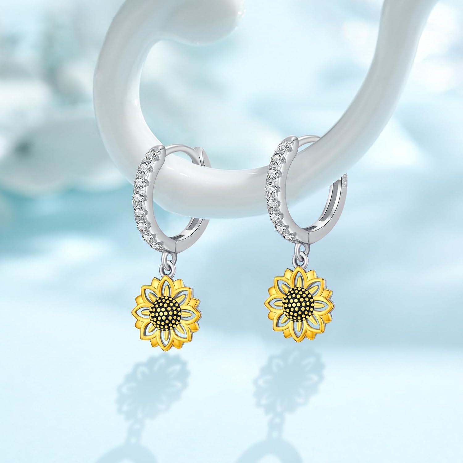 wholesale 925 Sterling Silver Sunflower Pendant Huggie Hoop Drop Earrings with Cubic Zirconia and Black Enamel Center-0-2