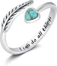 wholesale 925 Sterling Silver Turquoise Moss Agate Feather Adjustable Western Thumb Ring Vintage Jewelry Gift-I can do all things
