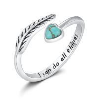 wholesale 925 Sterling Silver Turquoise Moss Agate Feather Adjustable Western Thumb Ring Vintage Jewelry Gift-I can do all things