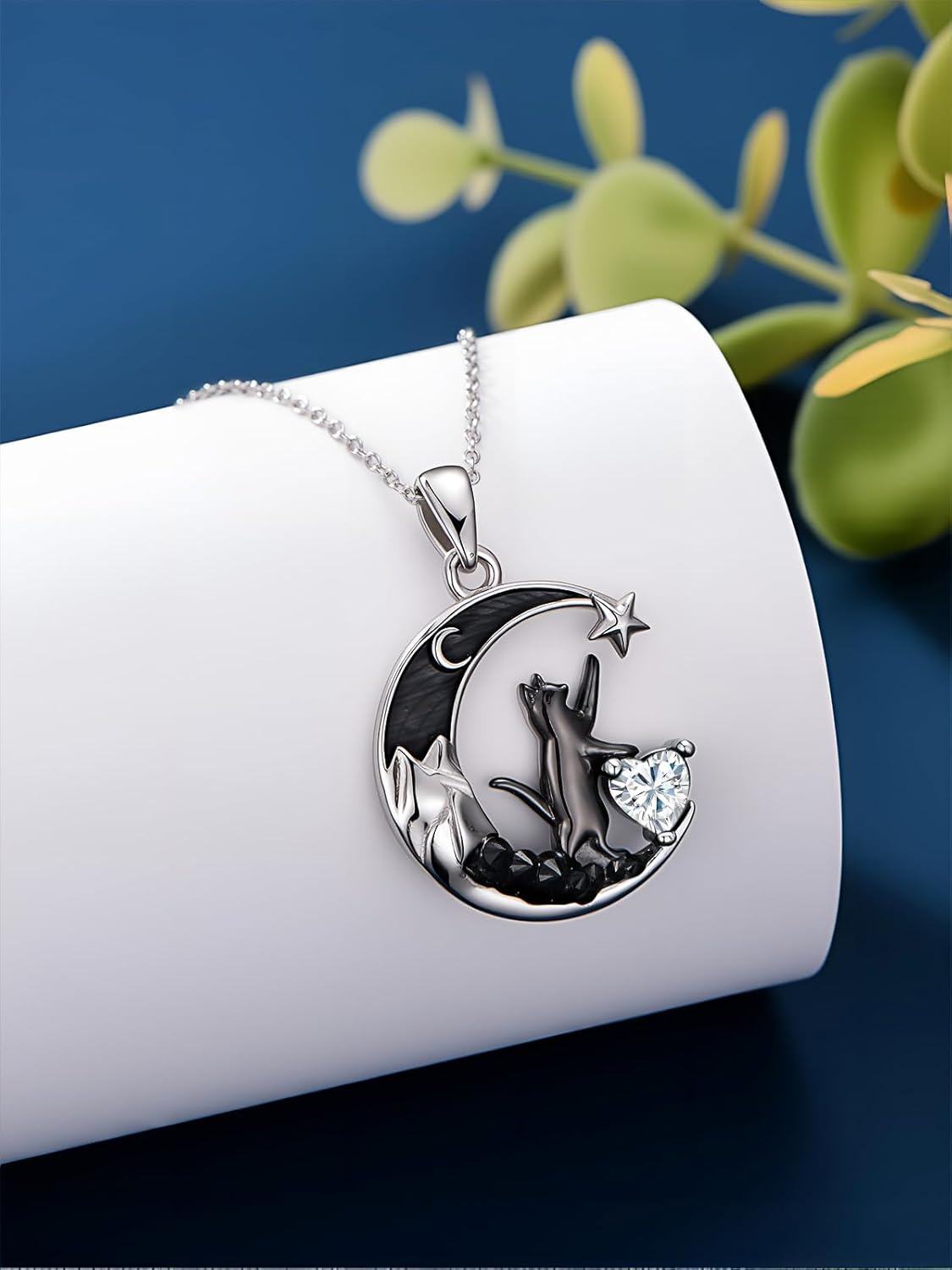 925 Sterling Silver Black Cat Necklace with Heart Birthstone Crescent Moon Star Pendant Gothic Jewelry Gift for Women Wife Cat Lover-0-3
