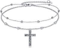 wholesale 925 Sterling Silver Christian Baptism Double Chain Cross Anklet Jewelry with Cubic Zirconia and Beads for Women Girls Gift-Filigree cross anklet