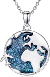wholesale 925 Sterling Silver Turquoise World Map Pendant Necklace for Women Traveler's Gift-Turquoise