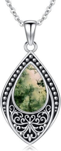 wholesale 925 Sterling Silver Green Moss Agate Teardrop Pendant Necklace-04-Moss Agate