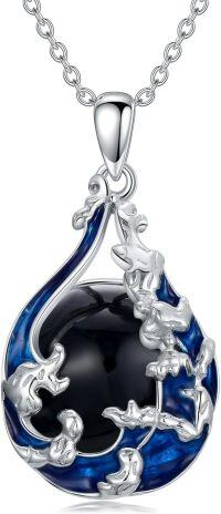 wholesale 925 Sterling Silver Blue Enamel Ocean Wave Whale Tail Pendant Necklace for Women-Obsidian