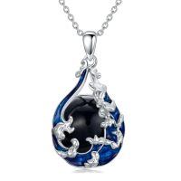 wholesale 925 Sterling Silver Blue Enamel Ocean Wave Whale Tail Pendant Necklace for Women-Obsidian
